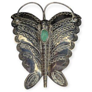 Vintage 1940s Navajo Silver Butterfly Brooch/Pin Blue-Green Turquoise Oval